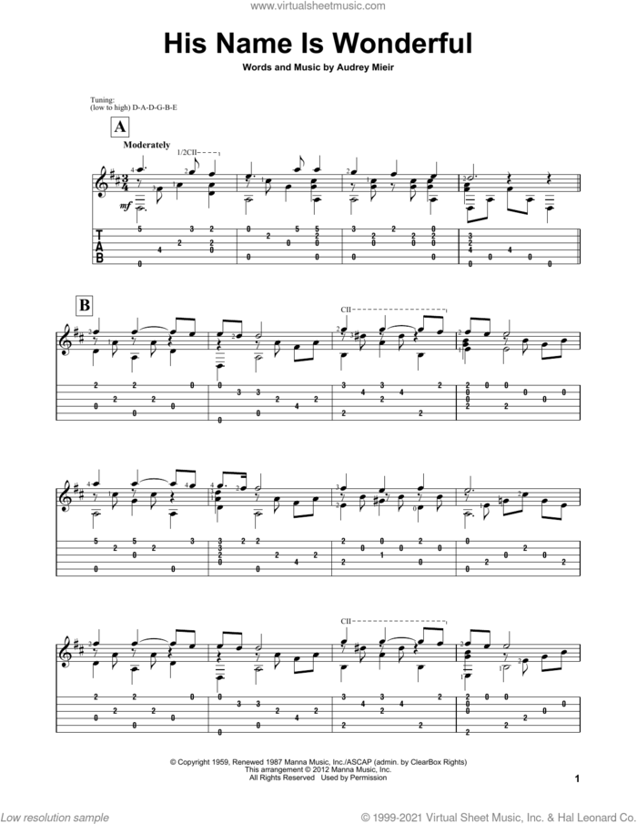 His Name Is Wonderful sheet music for guitar solo by Audrey Mieir, intermediate skill level