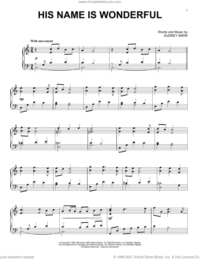 His Name Is Wonderful, (intermediate) sheet music for piano solo by Audrey Mieir, intermediate skill level