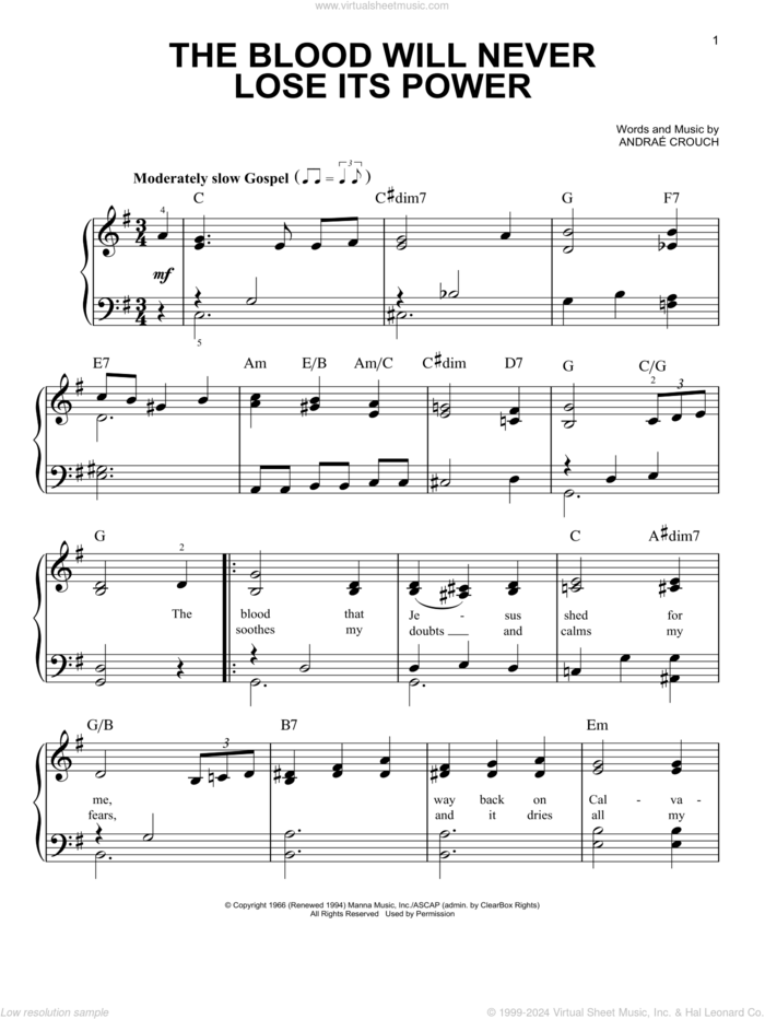 The Blood Will Never Lose Its Power sheet music for piano solo by Andraé Crouch, easy skill level