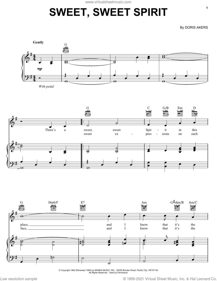 Sweet, Sweet Spirit sheet music for voice, piano or guitar by Doris Akers, intermediate skill level