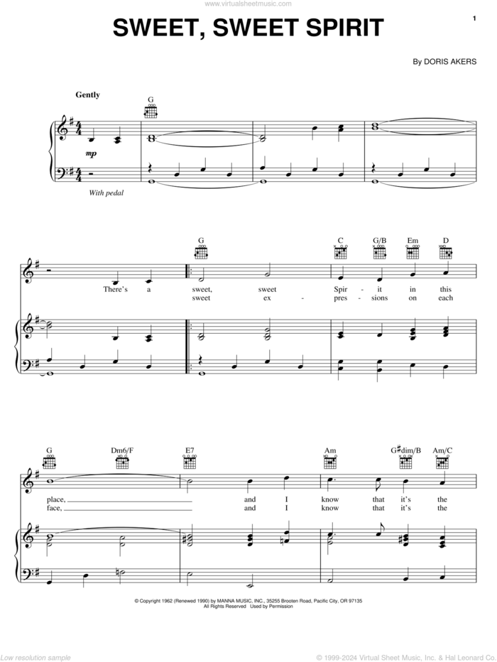 Sweet, Sweet Spirit sheet music for voice, piano or guitar by Doris Akers, intermediate skill level