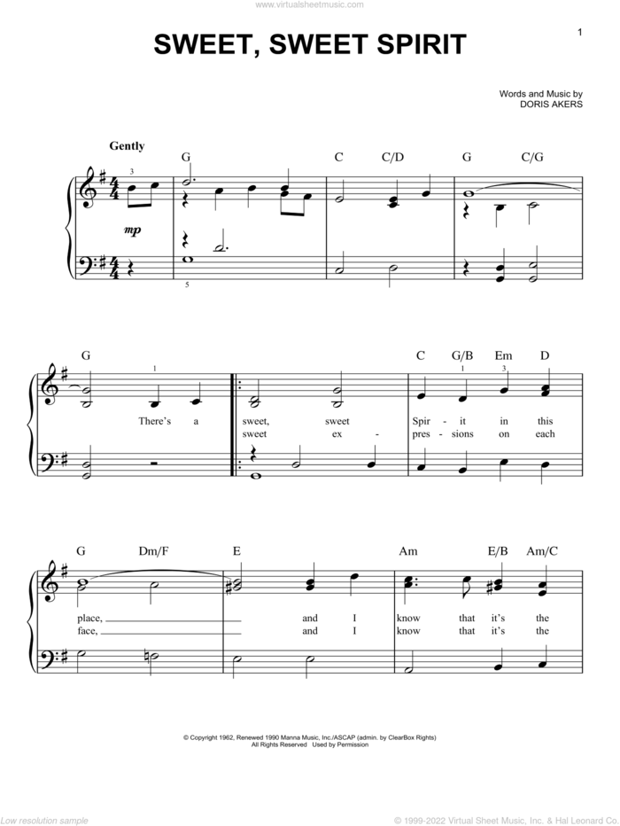 Sweet, Sweet Spirit, (easy) sheet music for piano solo by Doris Akers, easy skill level