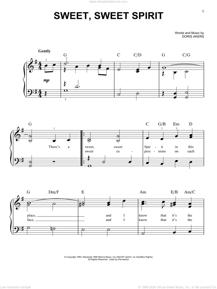 Sweet, Sweet Spirit, (easy) sheet music for piano solo by Doris Akers, easy skill level