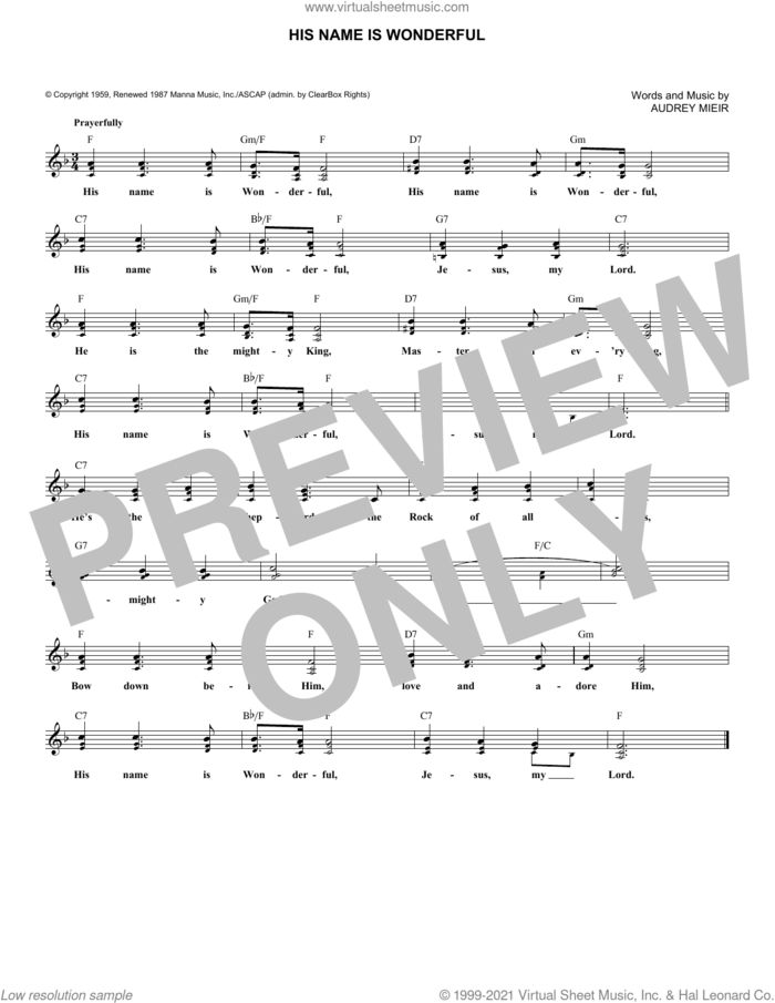 His Name Is Wonderful sheet music for voice and other instruments (fake book) by Audrey Mieir, intermediate skill level