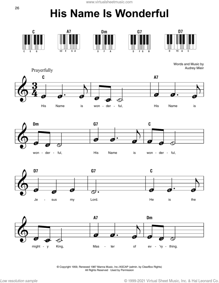 His Name Is Wonderful, (beginner) sheet music for piano solo by Audrey Mieir, beginner skill level
