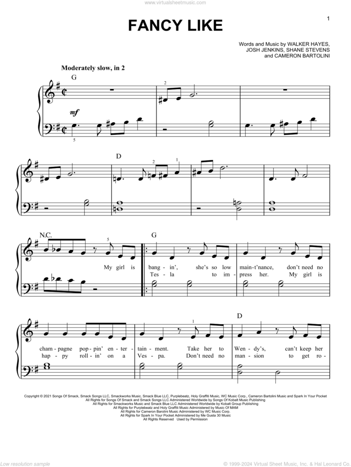 Fancy Like sheet music for piano solo by Walker Hayes, Cameron Bartolini, Josh Jenkins and Shane Stevens, easy skill level