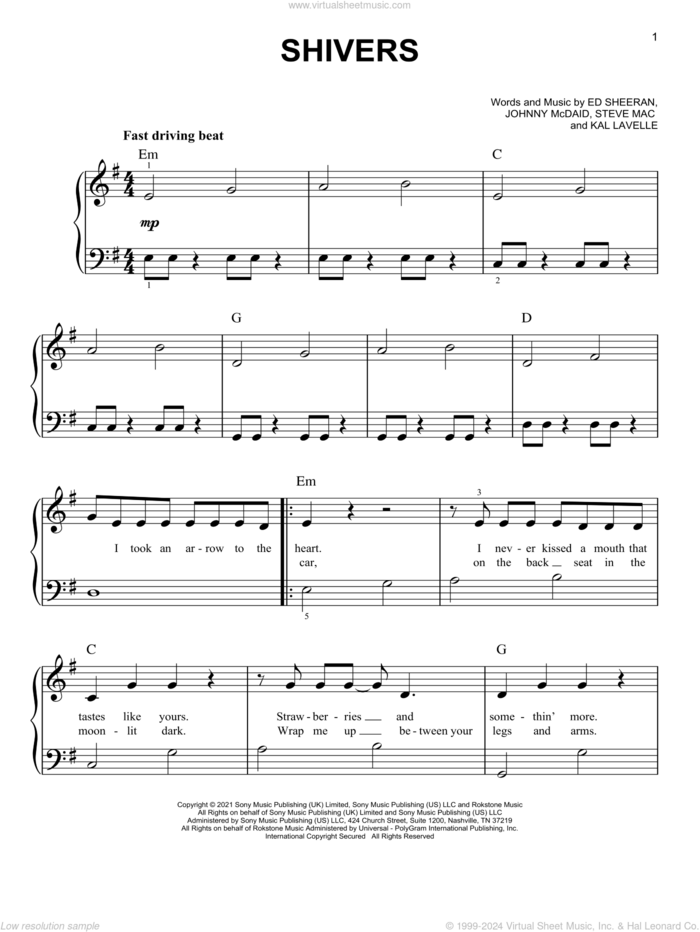 Shivers, (beginner) sheet music for piano solo by Ed Sheeran, Johnny McDaid, Kal Lavelle and Steve Mac, beginner skill level