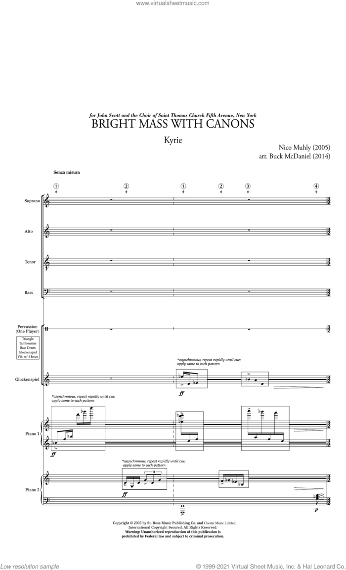 Bright Mass With Canons (Version with 2 Pianos and Percussion) sheet music for orchestra/band (score ands) by Nico Muhly, classical score, intermediate skill level