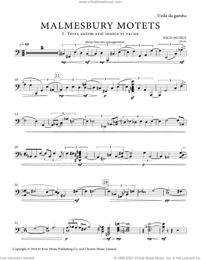 Malmesbury Motets sheet music for orchestra/band (viola de gamba) by Nico Muhly, classical score, intermediate skill level