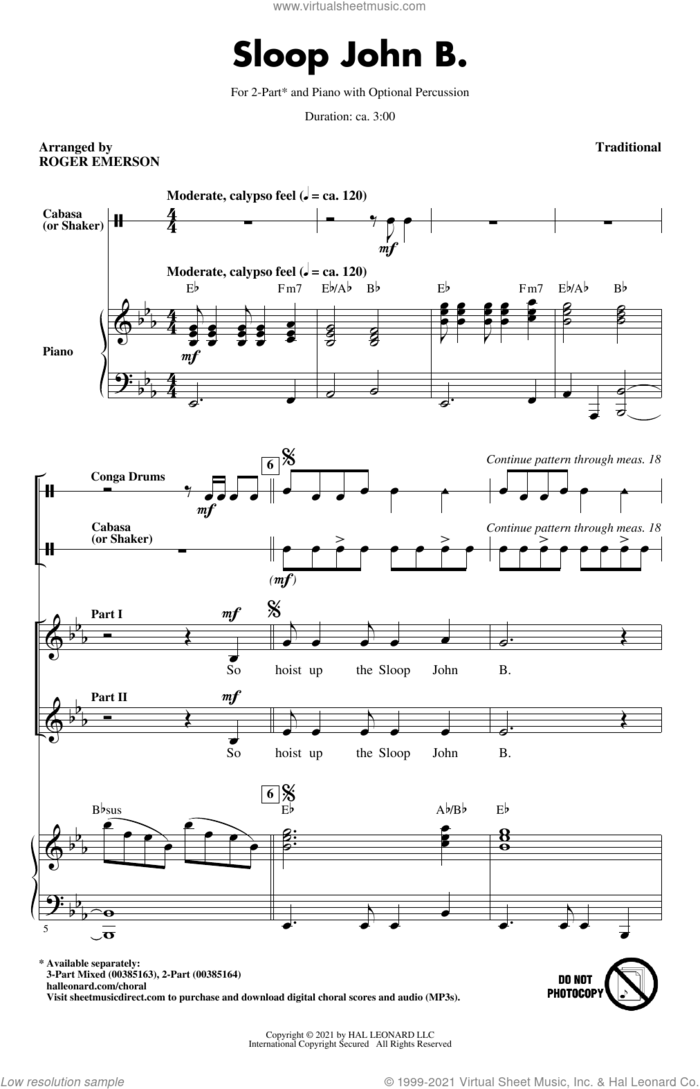 Sloop John B. (arr. Roger Emerson) sheet music for choir (2-Part)  and Roger Emerson, intermediate duet