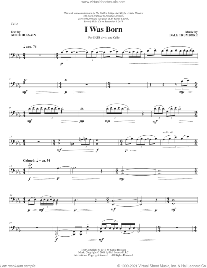 I Was Born sheet music for orchestra/band (cello) by Dale Trumbore and Genie Hossain & Dale Trumbore and Genie Hossain, intermediate skill level
