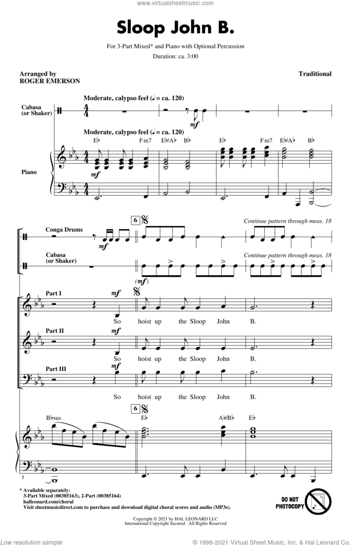 Sloop John B. (arr. Roger Emerson) sheet music for choir (3-Part Mixed)  and Roger Emerson, intermediate skill level