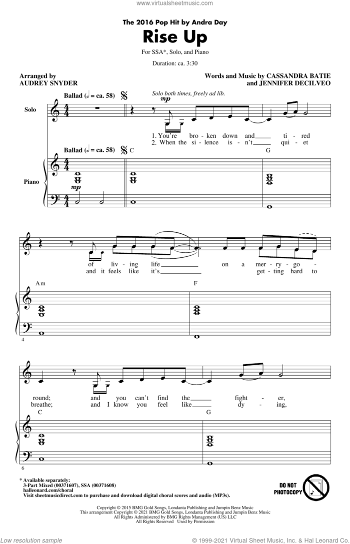 Rise Up (arr. Audrey Snyder) sheet music for choir (SSA: soprano, alto) by Andra Day, Audrey Snyder, Cassandra Batie and Jennifer Decilveo, intermediate skill level