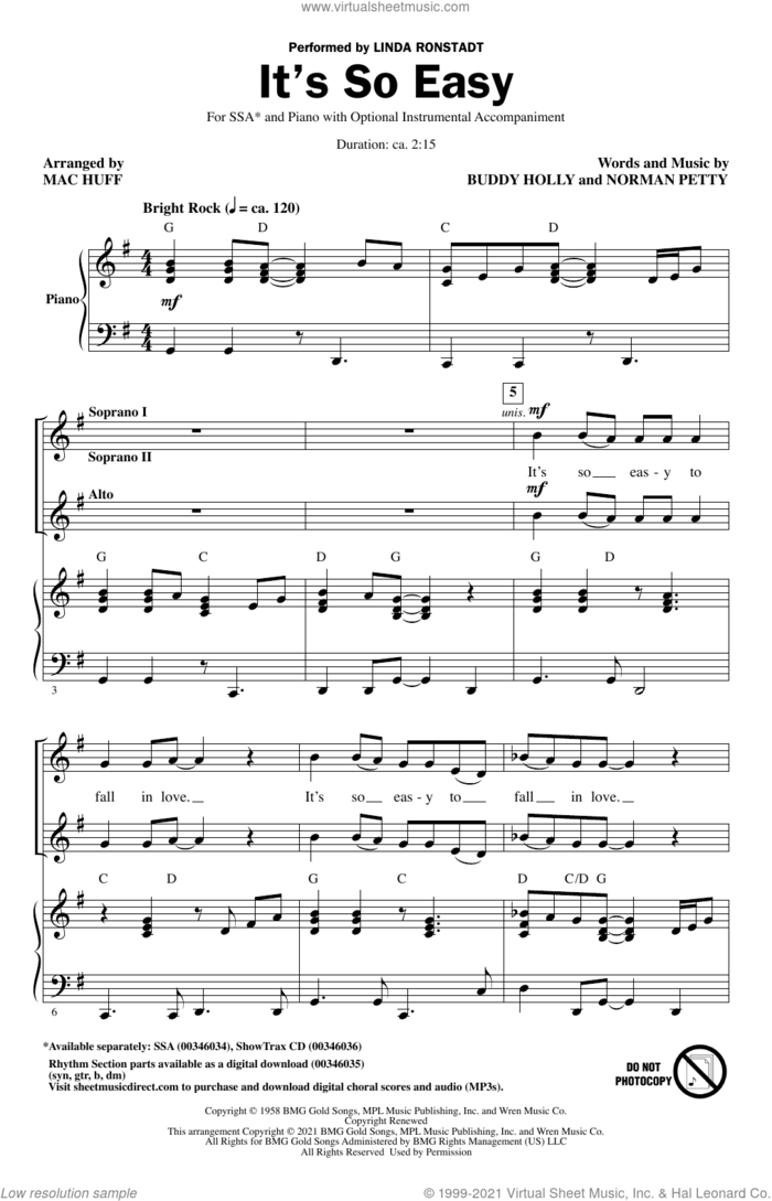 It's So Easy (arr. Mac Huff) sheet music for choir (SSA: soprano, alto) by Linda Ronstadt, Mac Huff, The Crickets, Buddy Holly and Norman Petty, intermediate skill level