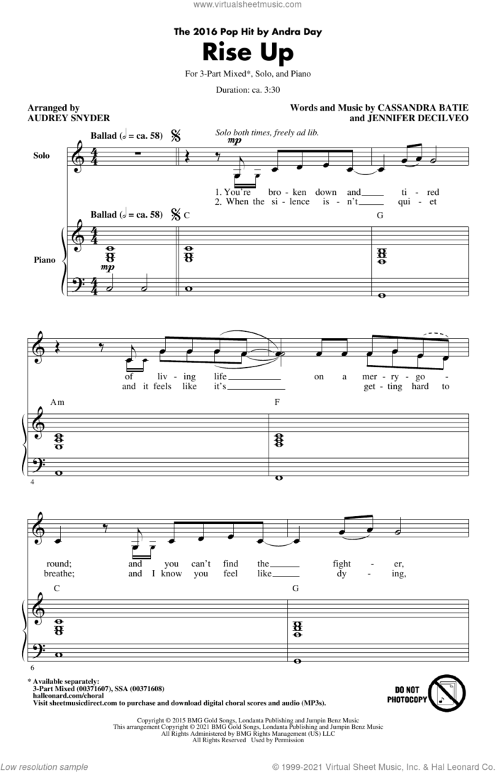 Rise Up (arr. Audrey Snyder) sheet music for choir (3-Part Mixed) by Andra Day, Audrey Snyder, Cassandra Batie and Jennifer Decilveo, intermediate skill level