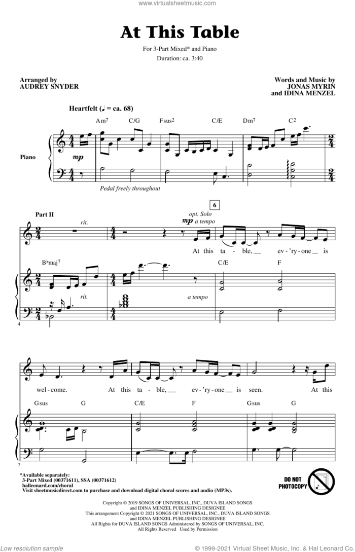 At This Table (arr. Audrey Snyder) sheet music for choir (3-Part Mixed) by Idina Menzel, Audrey Snyder and Jonas Myrin, intermediate skill level