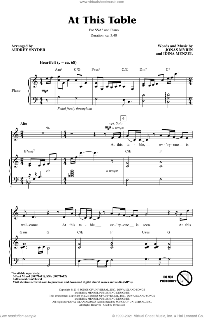 At This Table (arr. Audrey Snyder) sheet music for choir (SSA: soprano, alto) by Idina Menzel, Audrey Snyder and Jonas Myrin, intermediate skill level
