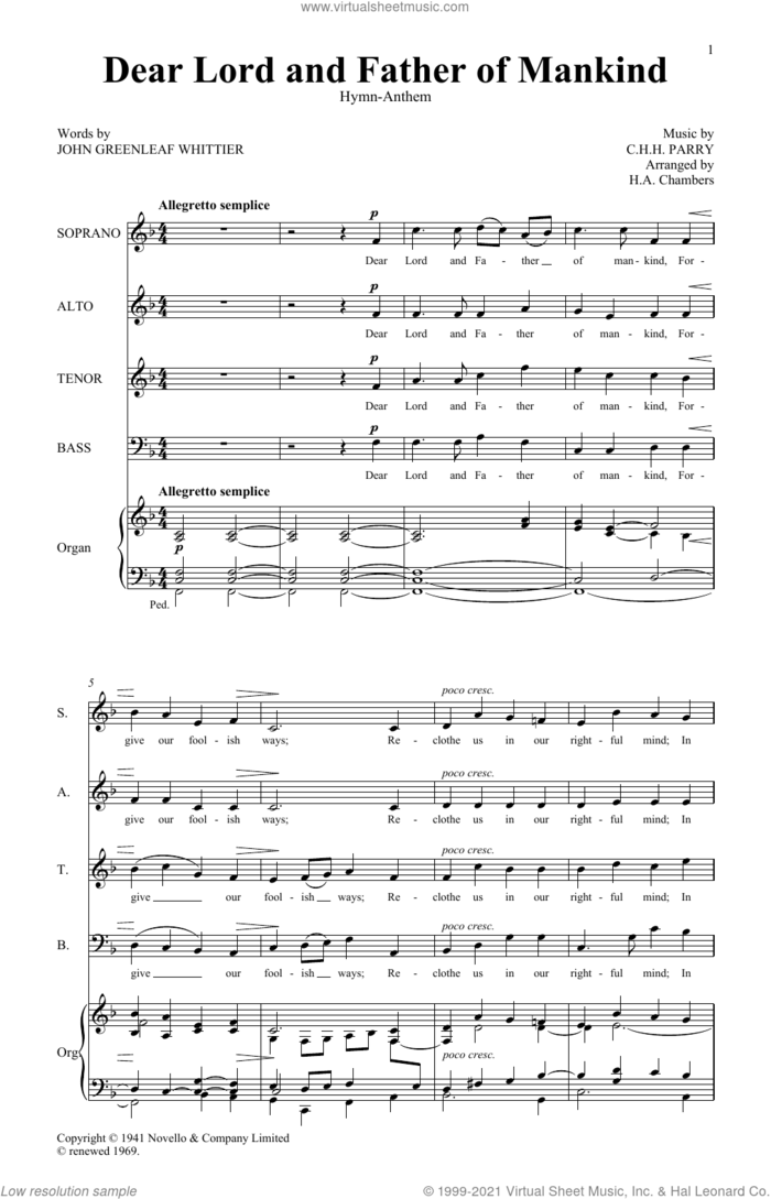 Dear Lord And Father Of Mankind sheet music for choir (SATB: soprano, alto, tenor, bass) by C. Hubert H. Parry, H.A. Chambers and John Greenleaf Whittier, intermediate skill level