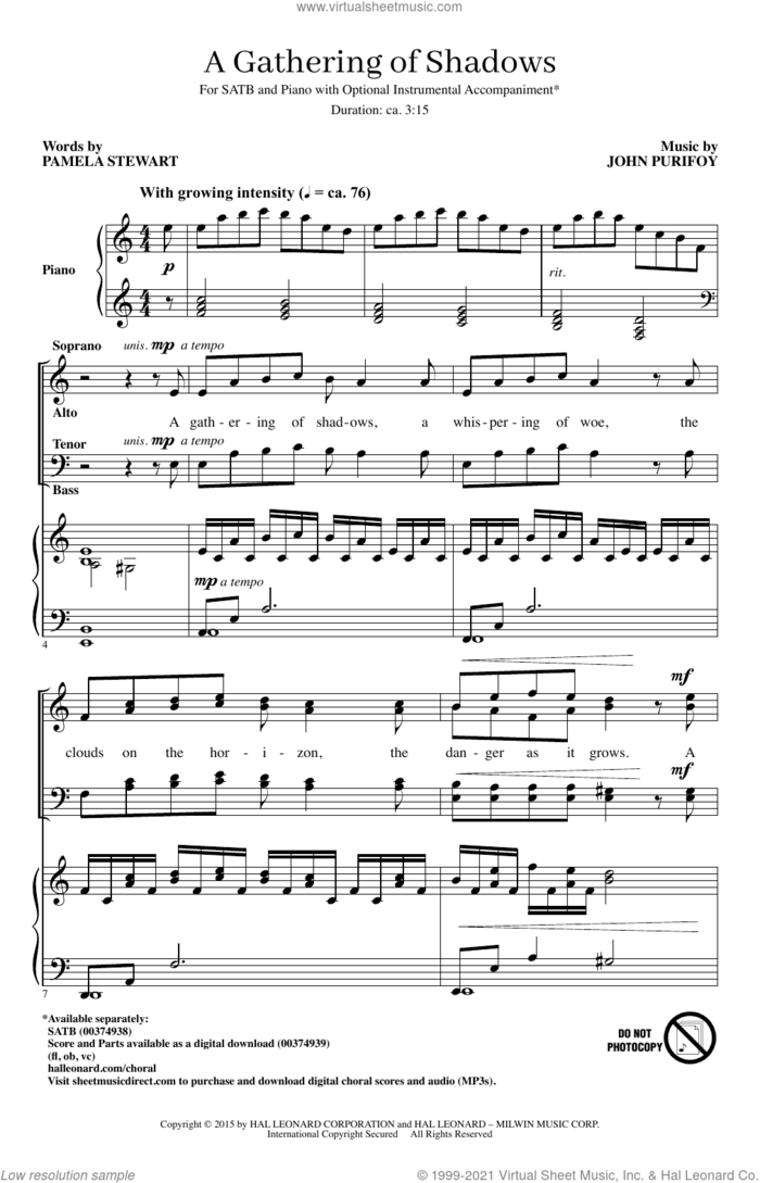 A Gathering Of Shadows sheet music for choir (SATB: soprano, alto, tenor, bass) by John Purifoy and Pamela Stewart & John Purifoy and Pamela Stewart, intermediate skill level