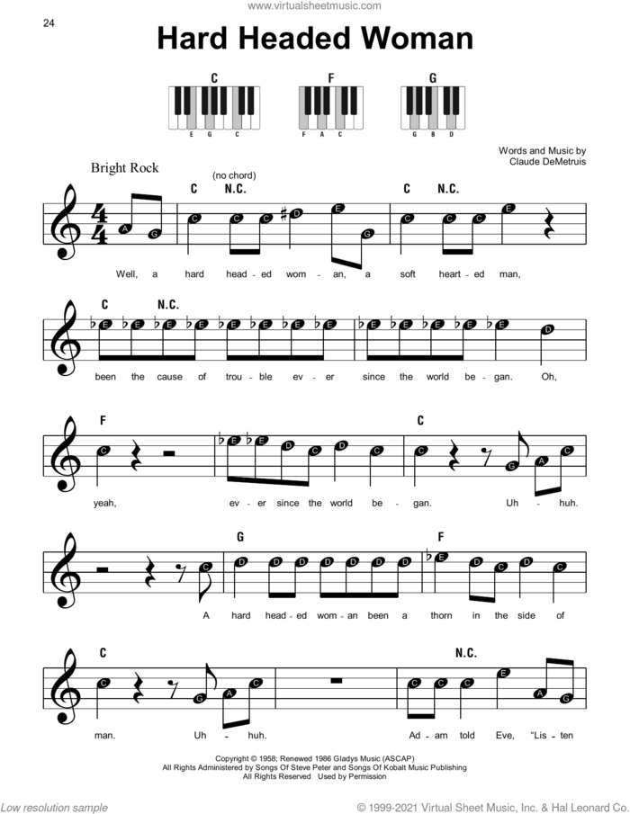 Hard Headed Woman sheet music for piano solo by Elvis Presley and Claude DeMetruis, beginner skill level