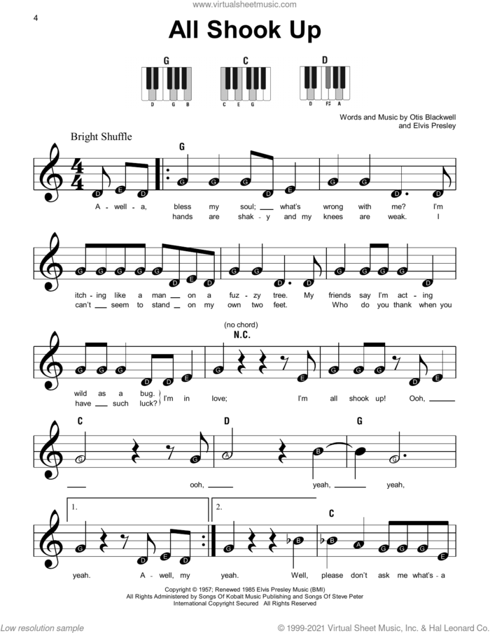 All Shook Up, (beginner) sheet music for piano solo by Elvis Presley and Otis Blackwell, beginner skill level