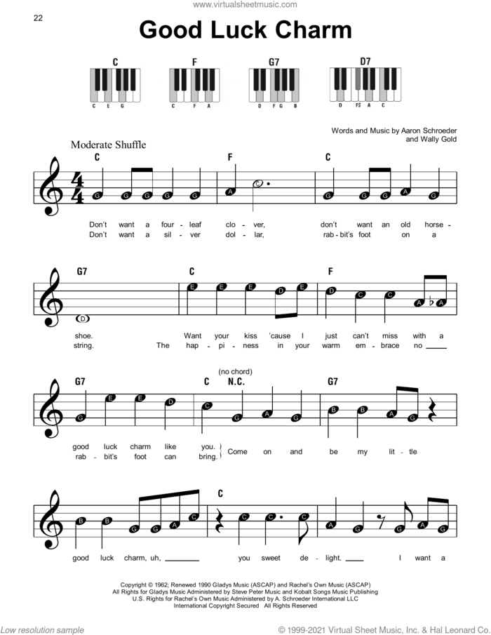 Good Luck Charm, (beginner) sheet music for piano solo by Elvis Presley, Aaron Schroeder and Wally Gold, beginner skill level