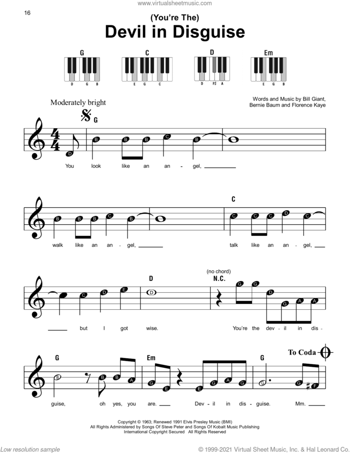 (You're The) Devil In Disguise sheet music for piano solo by Elvis Presley, Bernie Baum, Bill Giant and Florence Kaye, beginner skill level