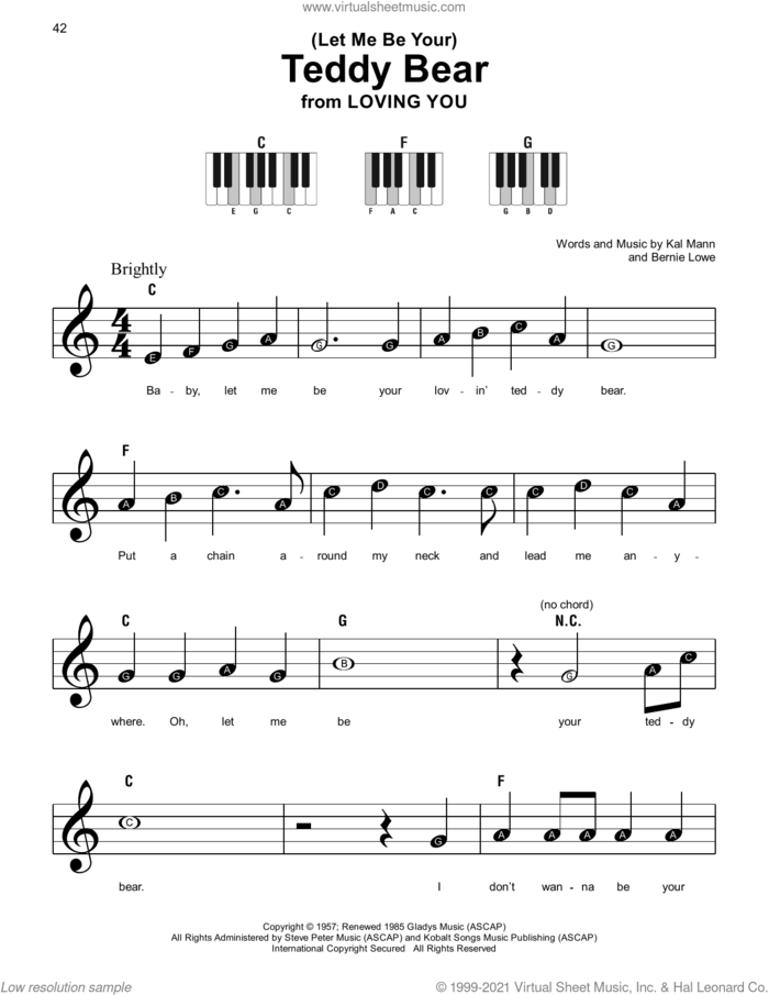 (Let Me Be Your) Teddy Bear, (beginner) sheet music for piano solo by Elvis Presley, Bernie Lowe and Kal Mann, beginner skill level
