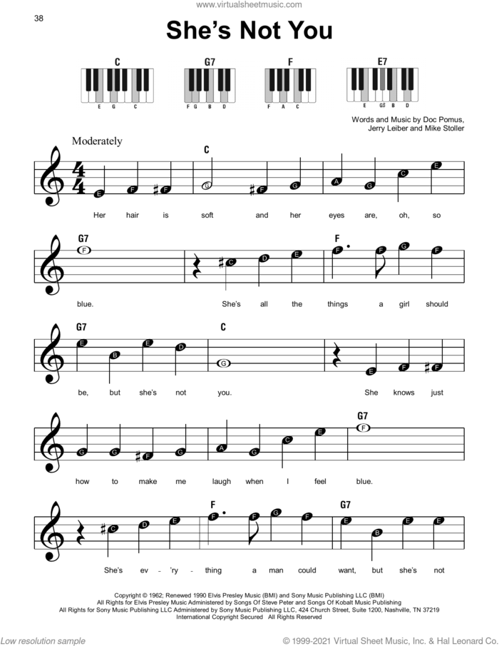 She's Not You sheet music for piano solo by Elvis Presley, Doc Pomus, Jerry Leiber and Mike Stoller, beginner skill level