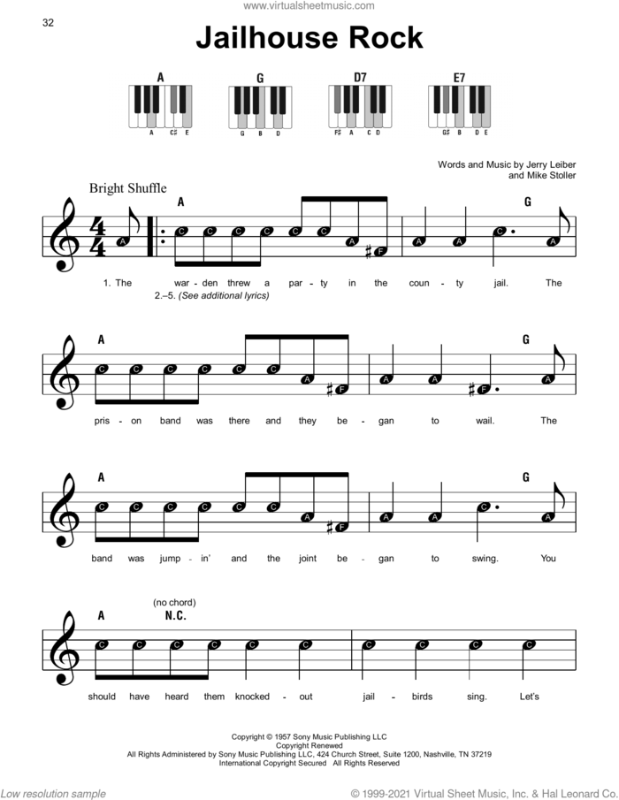 Jailhouse Rock, (beginner) sheet music for piano solo by Elvis Presley, Jerry Leiber and Mike Stoller, beginner skill level