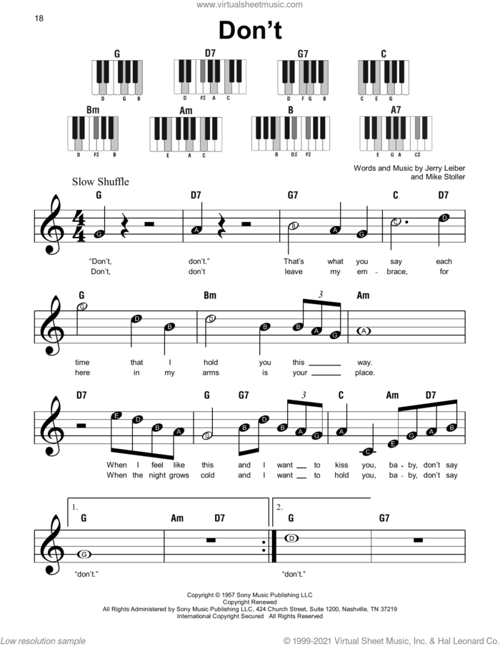 Don't sheet music for piano solo by Elvis Presley, Jerry Leiber and Mike Stoller, beginner skill level