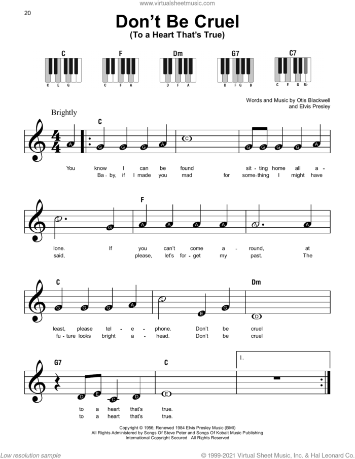 Don't Be Cruel (To A Heart That's True) sheet music for piano solo by Elvis Presley and Otis Blackwell, beginner skill level