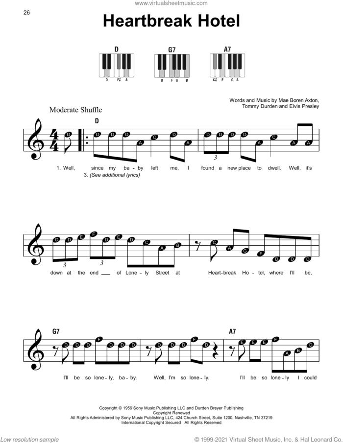 Heartbreak Hotel, (beginner) sheet music for piano solo by Elvis Presley, Mae Boren Axton and Tommy Durden, beginner skill level