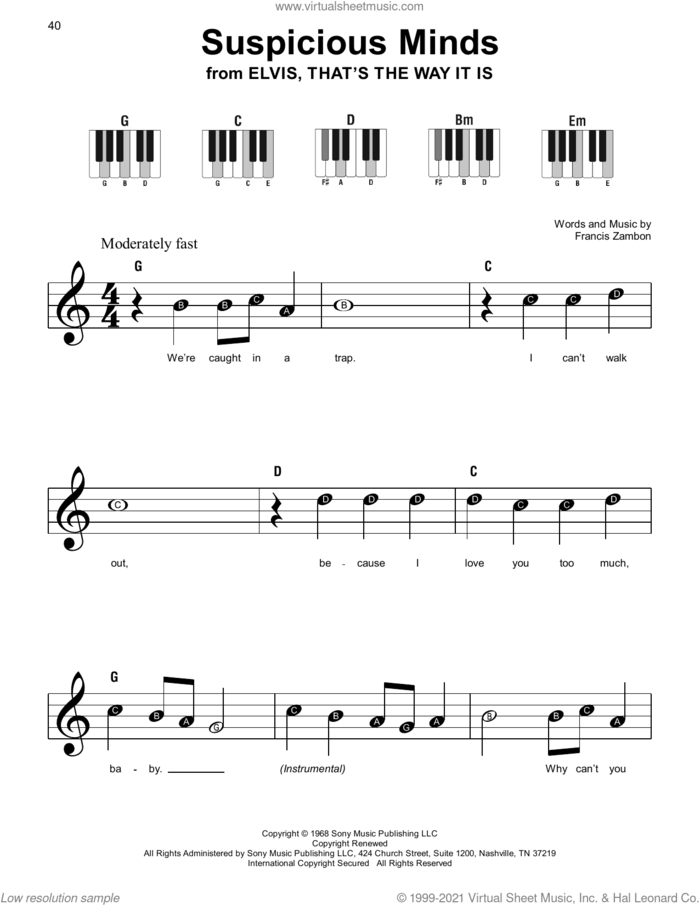 Suspicious Minds sheet music for piano solo by Elvis Presley and Francis Zambon, beginner skill level