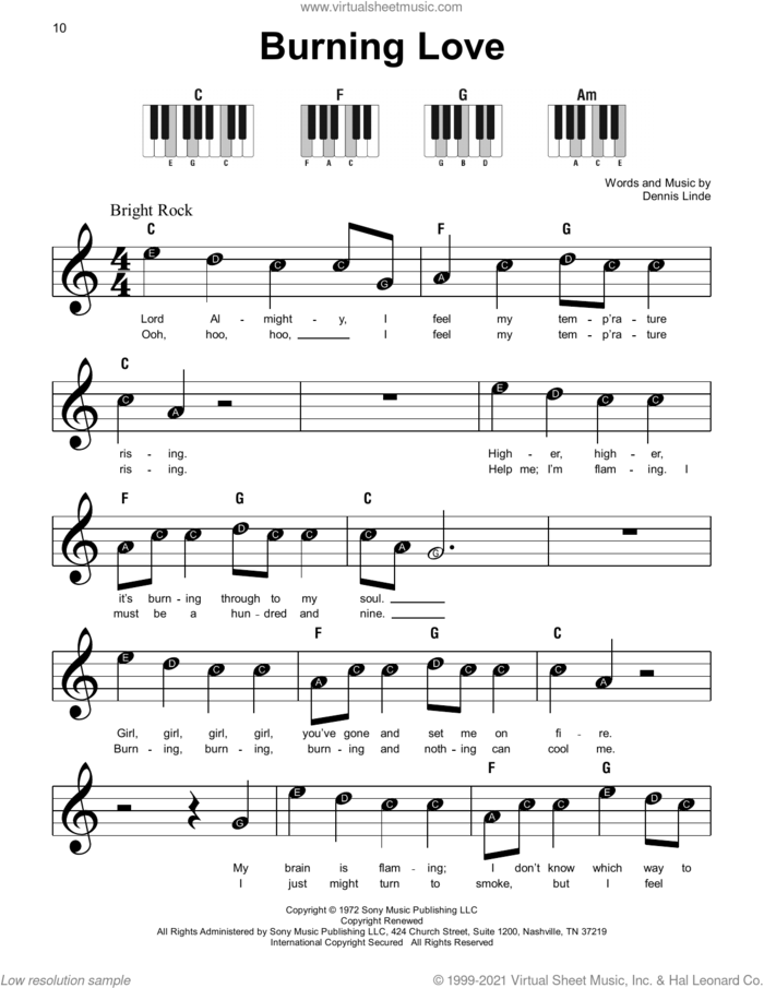 Burning Love, (beginner) sheet music for piano solo by Elvis Presley and Dennis Linde, beginner skill level