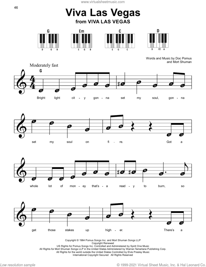 Viva Las Vegas sheet music for piano solo by Elvis Presley, Doc Pomus and Mort Shuman, beginner skill level