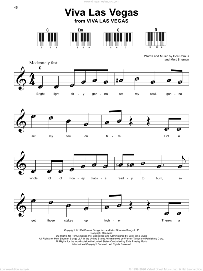 Viva Las Vegas sheet music for piano solo by Elvis Presley, Doc Pomus and Mort Shuman, beginner skill level