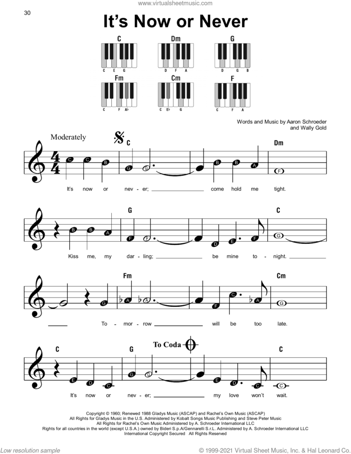 It's Now Or Never sheet music for piano solo by Elvis Presley, Aaron Schroeder and Wally Gold, beginner skill level