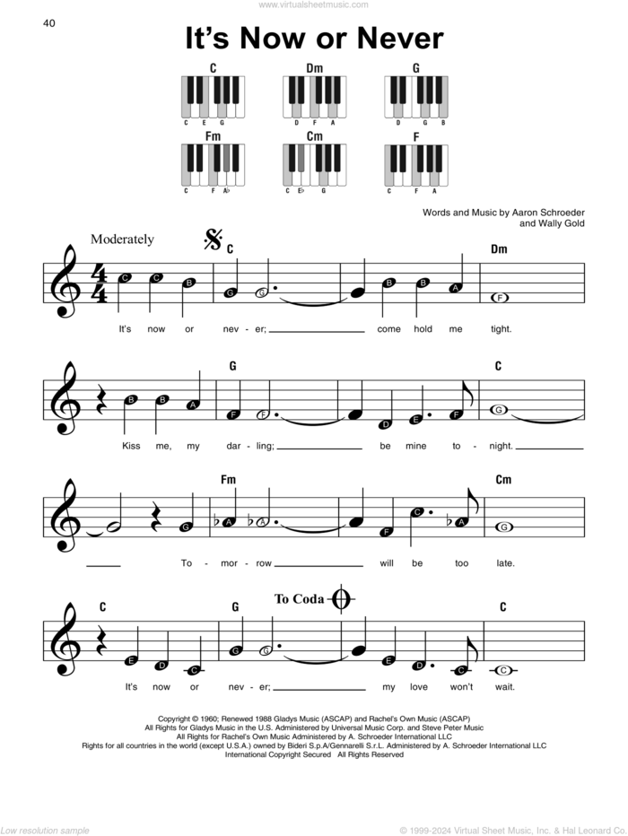 It's Now Or Never sheet music for piano solo by Elvis Presley, Aaron Schroeder and Wally Gold, beginner skill level