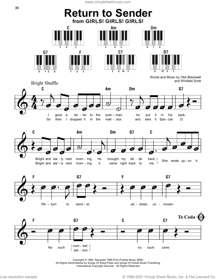 Return To Sender, (beginner) sheet music for piano solo by Elvis Presley, Otis Blackwell and Winfield Scott, beginner skill level