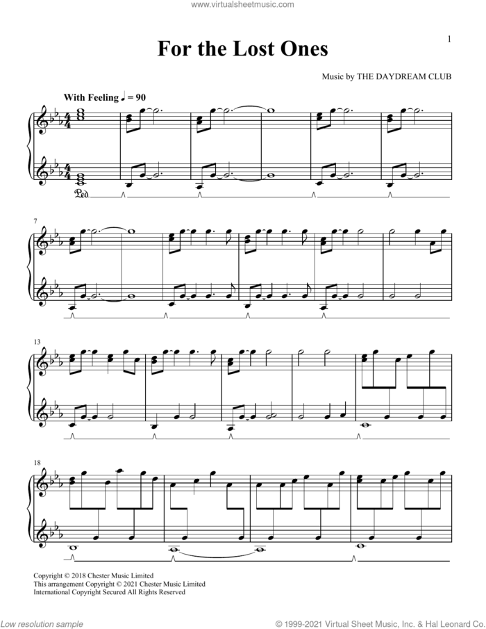 For The Lost Ones sheet music for piano solo by The Daydream Club, classical score, intermediate skill level