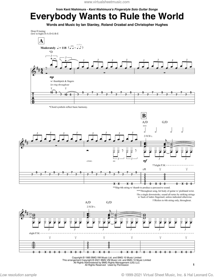 Everybody Wants To Rule The World (arr. Kent Nishimura) sheet music for guitar solo by Tears For Fears, Kent Nishimura, Christopher Hughes, Ian Stanley and Roland Orzabal, intermediate skill level