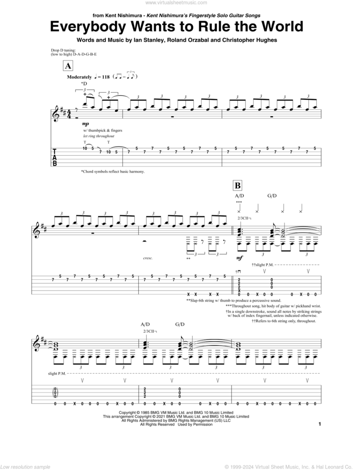 Everybody Wants To Rule The World (arr. Kent Nishimura) sheet music for guitar solo by Tears For Fears, Kent Nishimura, Christopher Hughes, Ian Stanley and Roland Orzabal, intermediate skill level