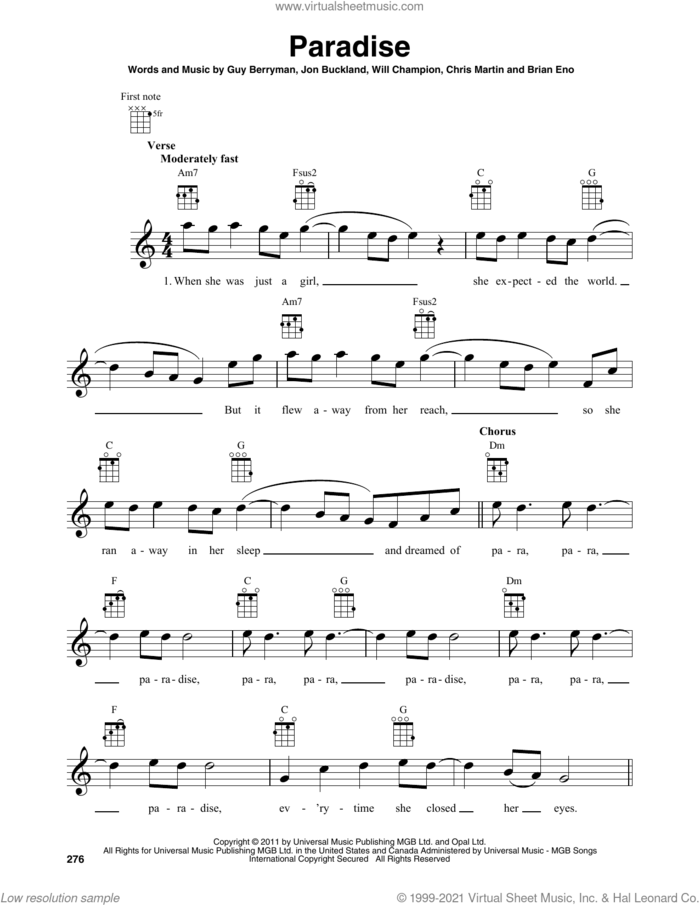 Paradise sheet music for baritone ukulele solo by Coldplay, Brian Eno, Chris Martin, Guy Berryman, Jon Buckland and Will Champion, intermediate skill level