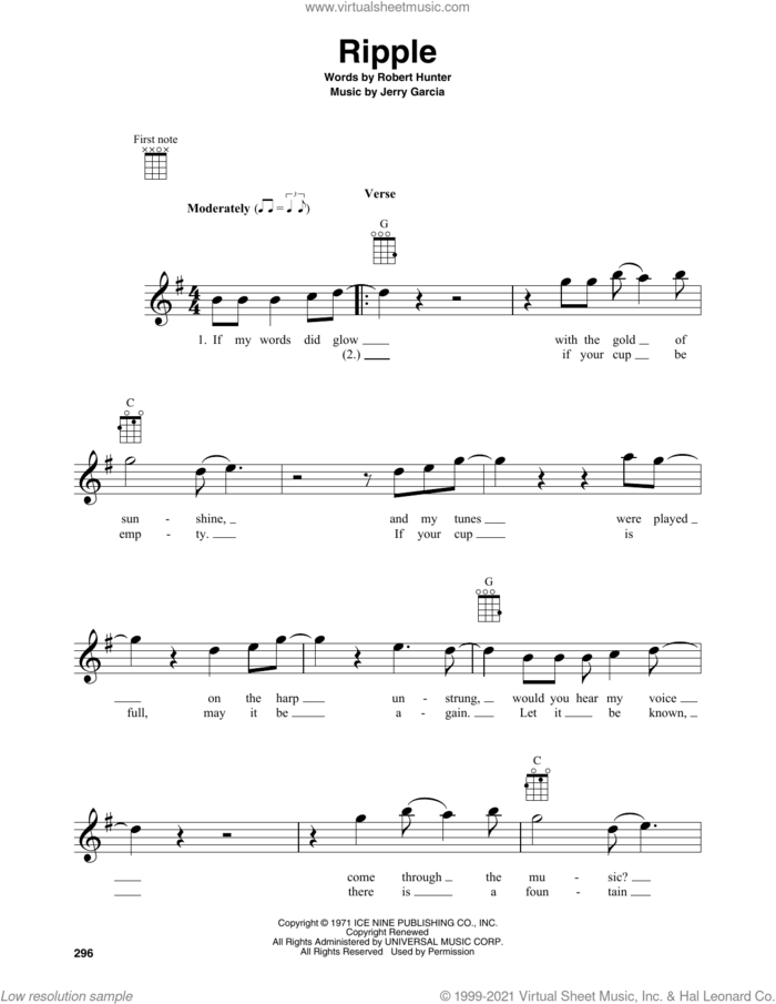 Ripple sheet music for baritone ukulele solo by Grateful Dead, Jerry Garcia and Robert Hunter, intermediate skill level