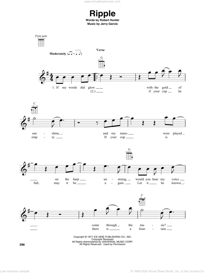 Ripple sheet music for baritone ukulele solo by Grateful Dead, Jerry Garcia and Robert Hunter, intermediate skill level