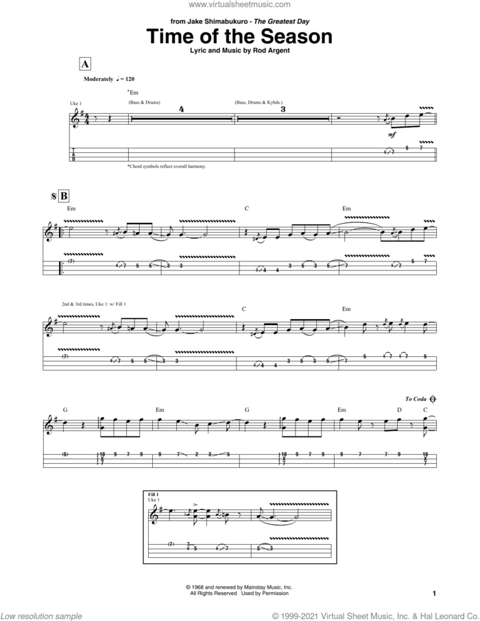 Time Of The Season sheet music for ukulele (tablature) by Jake Shimabukuro and Rod Argent, intermediate skill level
