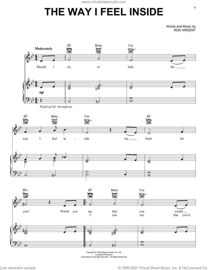 The Way I Feel Inside sheet music for voice, piano or guitar by The Zombies, Taron Egerton and Rod Argent, intermediate skill level