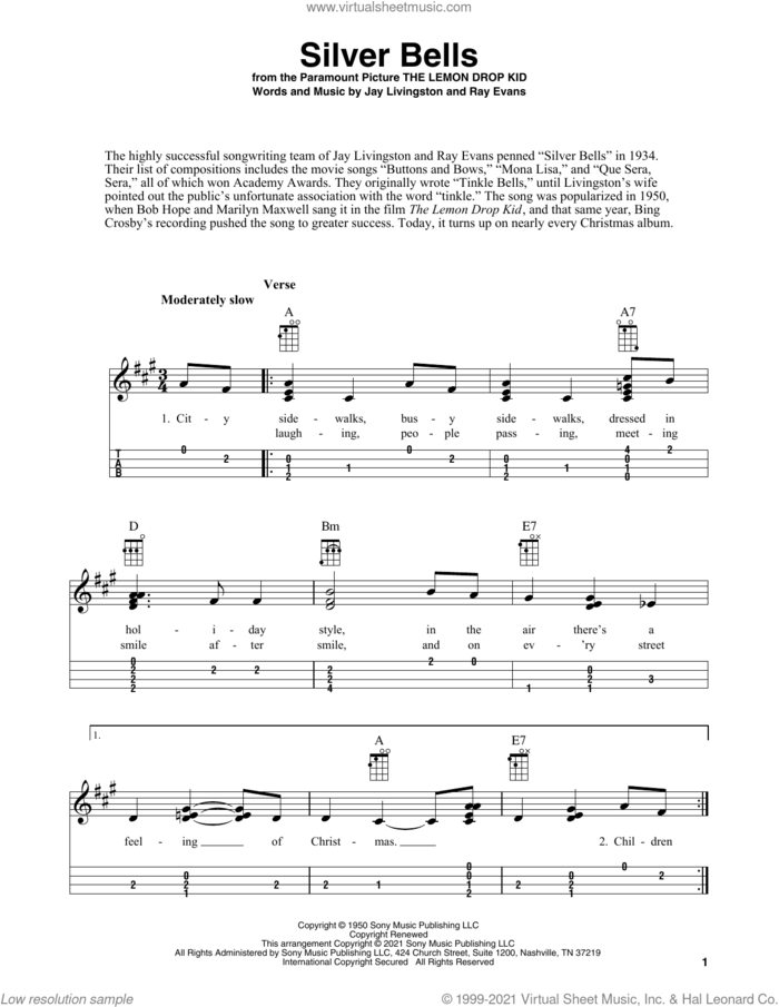 Silver Bells (arr. Fred Sokolow) sheet music for ukulele by Jay Livingston, Fred Sokolow and Ray Evans, intermediate skill level