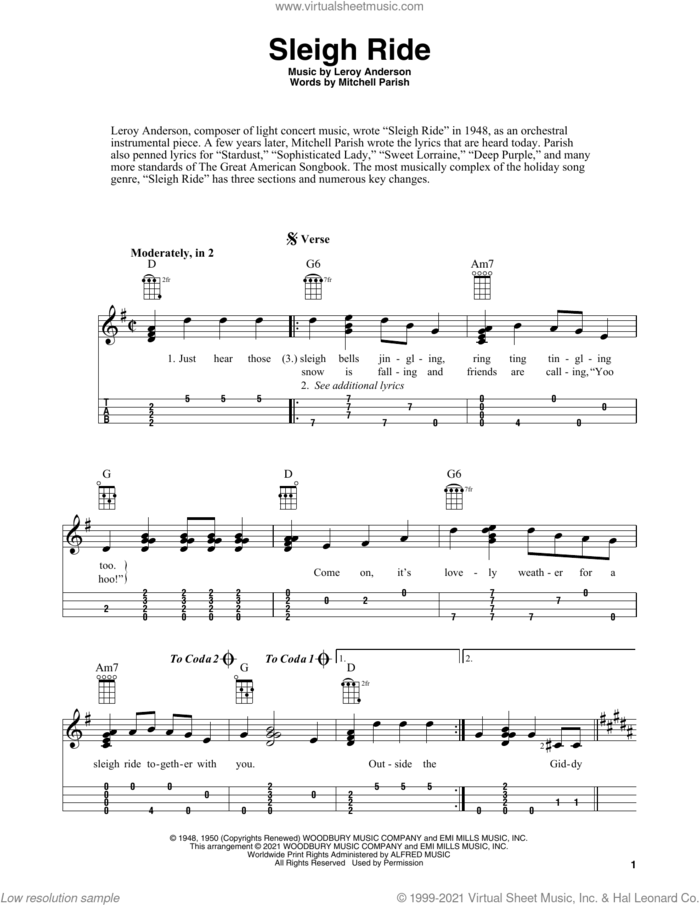Sleigh Ride (arr. Fred Sokolow) sheet music for ukulele by Mitchell Parish, Fred Sokolow and Leroy Anderson, intermediate skill level
